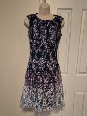 Danny and Nicole Fit-and-Flare Ombre Floral Midi Dress in Black and Purple
